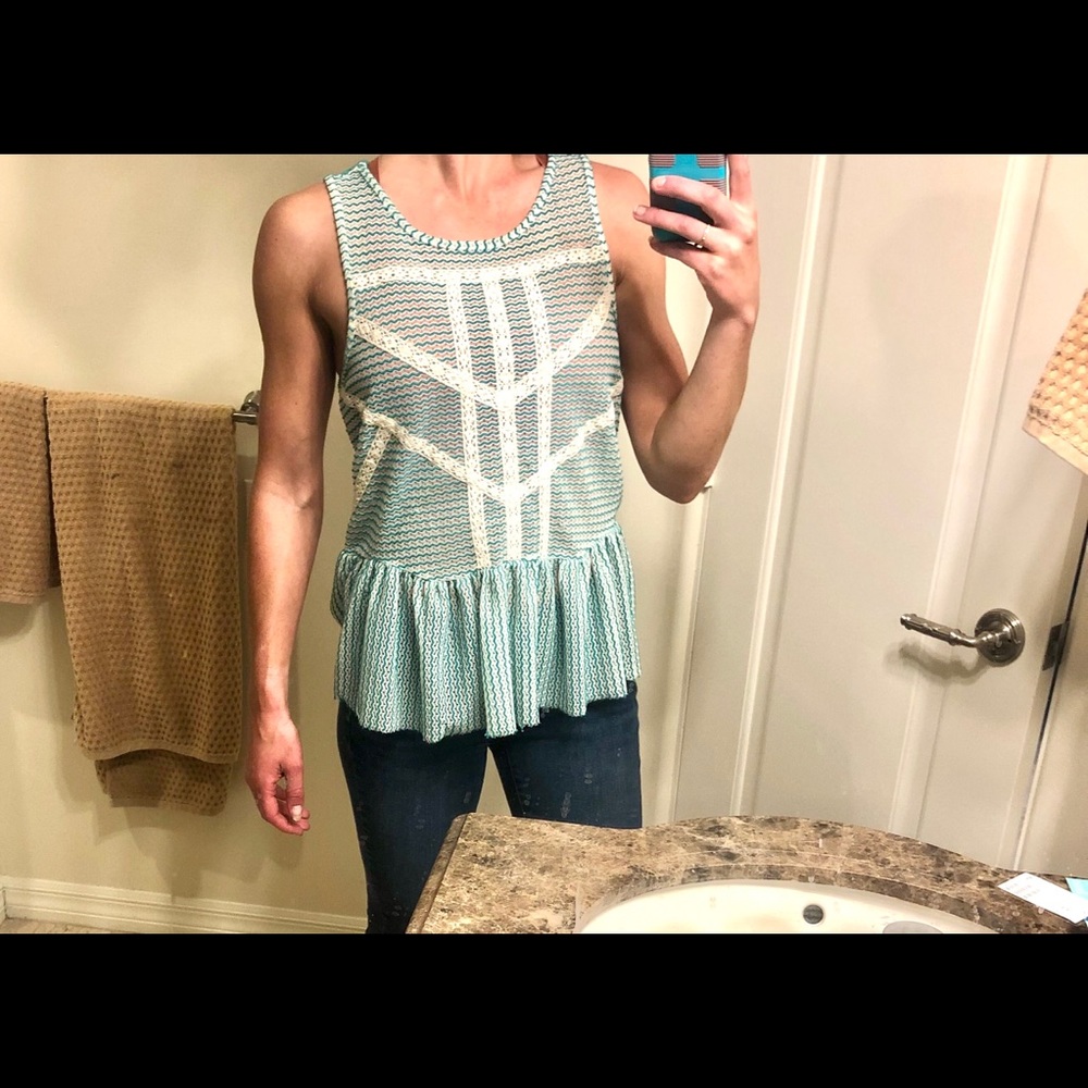 Free People green and ivory mesh lace sheer top